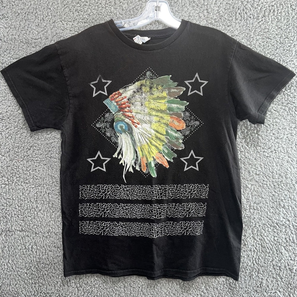 VTG T Shirt Men's Sz M Black Native-American Indian Head War Bonnet Feather Tee